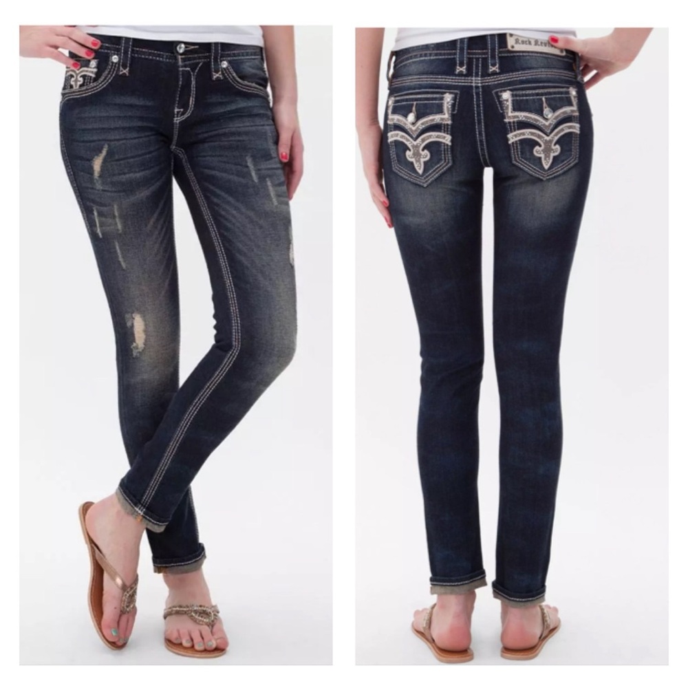 Rock Revival Drew Cuffed Skinny Jeans 27 x 29.5 Stretch Distressed Embellished